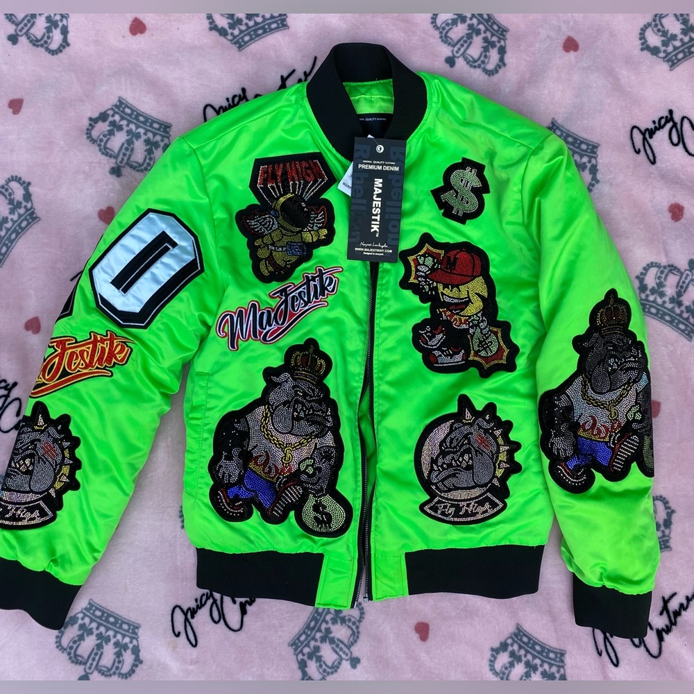 Bulldog Graphic Rhinestone Neon Green Bomber Jacket